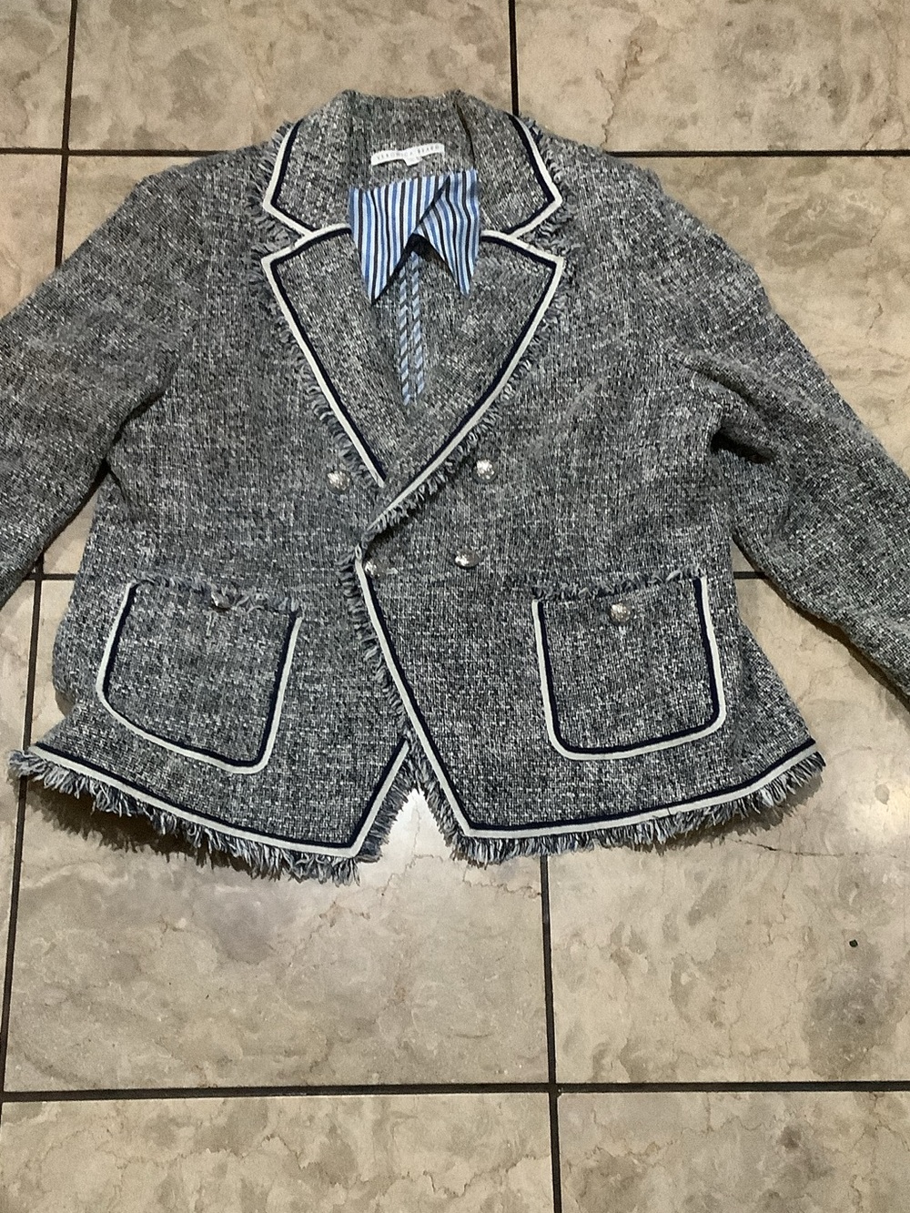 Veronica Beard Blue and White Tweed Double-Breasted Blazer with White Trim